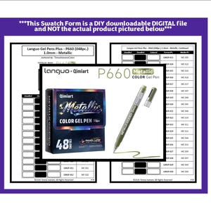 以下が含まれることがあります： Languo Gel Pens Plus P660 48色セットのデジタルスウォッチフォーム。Metallic Color Gel Penと書かれた箱と、キャップ付きのメタリックペンが描かれています。ドキュメントには色を記録するための表が含まれており、デジタルファイルである旨のテキストが記載されています。