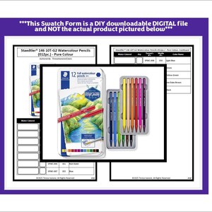 May include: A digital file with a purple border, featuring Staedtler watercolor pencils. The image includes a package of 12 pencils and a color swatch form. Text on the image reads: "This Swatch Form is a DIY downloadable DIGITAL file and NOT the actual product pictured below."