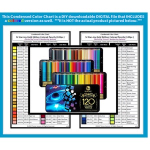 Puede incluir: Una tabla de colores digital para lápices de colores Star-Joy Gold Edition de 120 piezas, que incluye una tabla con columnas para ID, medio y nombres de colores, junto a una imagen de tres estuches negros con un gráfico espacial en el frente.