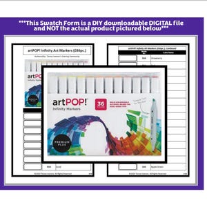 May include: A printable swatch form for 36 artPOP! Infinity Markers. The form includes a color chart with the marker colors and a space to write the color name. The form is a digital download and does not include the actual markers.