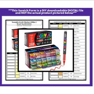 Op de afbeelding: Afbeelding van GuangNa Acryl Markers (288 stuks) met penseelpunten. De afbeelding toont een doos met 288 gekleurde markers, een enkele marker en een kleurenpalet. De tekst op de doos luidt "ACRYLIC BRUSH MARKER". De afbeelding bevat ook de tekst "This Swatch Form is a DIY downloadable DIGITAL file and NOT the actual product pictured below".