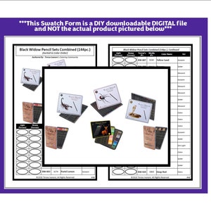May include: A digital swatch form for Black Widow pencil sets featuring a table with columns for light and heavy pressure, colour names, and set names. The document includes images of various pencil tins with scorpion, spider, and cobra labels.
