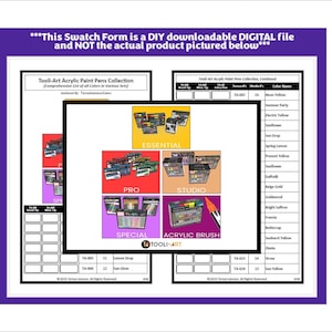 May include: A printable swatch form for Tooli-Art Acrylic Paint Pens. The form includes a colour chart with names and numbers for each colour. The form is divided into four sections: Essential, Pro, Studio, and Special. The form also includes a section for acrylic brush tips.