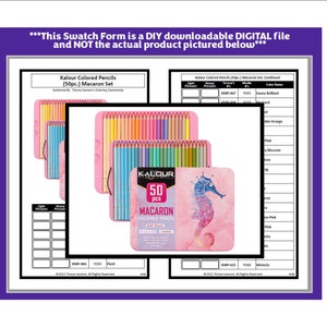 May include: A set of 50 colored pencils in a pink and white tin with a seahorse design. The tin says "Kalour 50 pcs Macaron Colored Pencil". The pencils are arranged in a color gradient from light to dark.