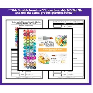 May include: A printable swatch form for 48 Ohuhu alcohol markers in the Honolulu S series. The form includes a colour chart with the names of each marker, as well as a description of the brush and soft chisel tips.