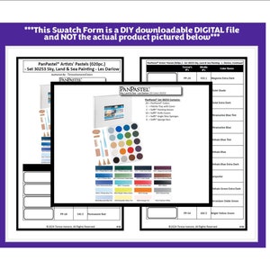 May include: A swatch form for PanPastel Artists' Pastels, a set of 20 colours for sky, land, and sea painting. The form includes a colour chart with names and numbers for each colour, as well as a list of the set's contents.
