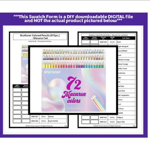 Peut inclure: Un formulaire d'échantillonnage numérique pour les crayons de couleur Brutfuner 72 Macaron. L'image montre une boîte de crayons aux tons pastel, le texte 72 Macaron colors, et une grille pour tester les couleurs avec pression légère et forte.