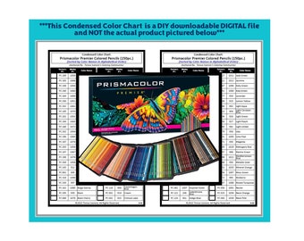 May include: A color chart for Prismacolor Premier Colored Pencils. The chart shows the 150 pencils in the set, sorted alphabetically by color name. The chart is a digital file, not the actual product.