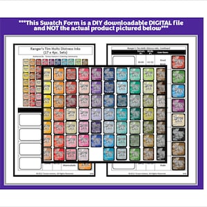 May include: A printable swatch form for Ranger's Tim Holtz Distress Inks. The form includes 68 color swatches, with each color labeled by name and number. The form is a digital download and not the actual ink pads.