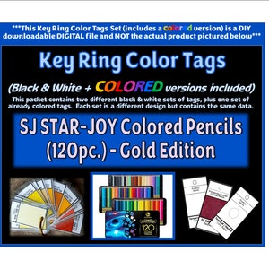 Puede incluir: Un archivo digital para etiquetas de color para llaveros con lápices de colores SJ STAR-JOY de 120 piezas Gold Edition. La imagen muestra texto, un abanico de muestras amarillas y naranjas, una caja de lápices y tres etiquetas rectangulares.