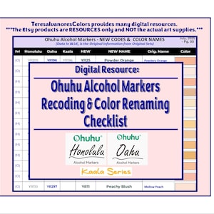 Könnte beinhalten: Digitale Ressource mit dem Titel "Ohuhu Alcohol Markers Recoding & Color Renaming Checklist". Das Bild zeigt eine Farbtabelle mit Farbnamen und -codes sowie die Logos von Ohuhu Honolulu und Oahu. Der Text enthält auch den Satz "Kaala Series".