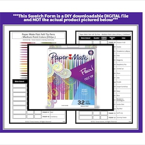 May include: A Paper Mate Flair felt tip pen set containing 32 medium point pens in a rectangular box with colourful swirl graphics. The box features the text Paper Mate, Flair, Felt Tip, and 32 Pens. Behind the box are two white swatch forms.