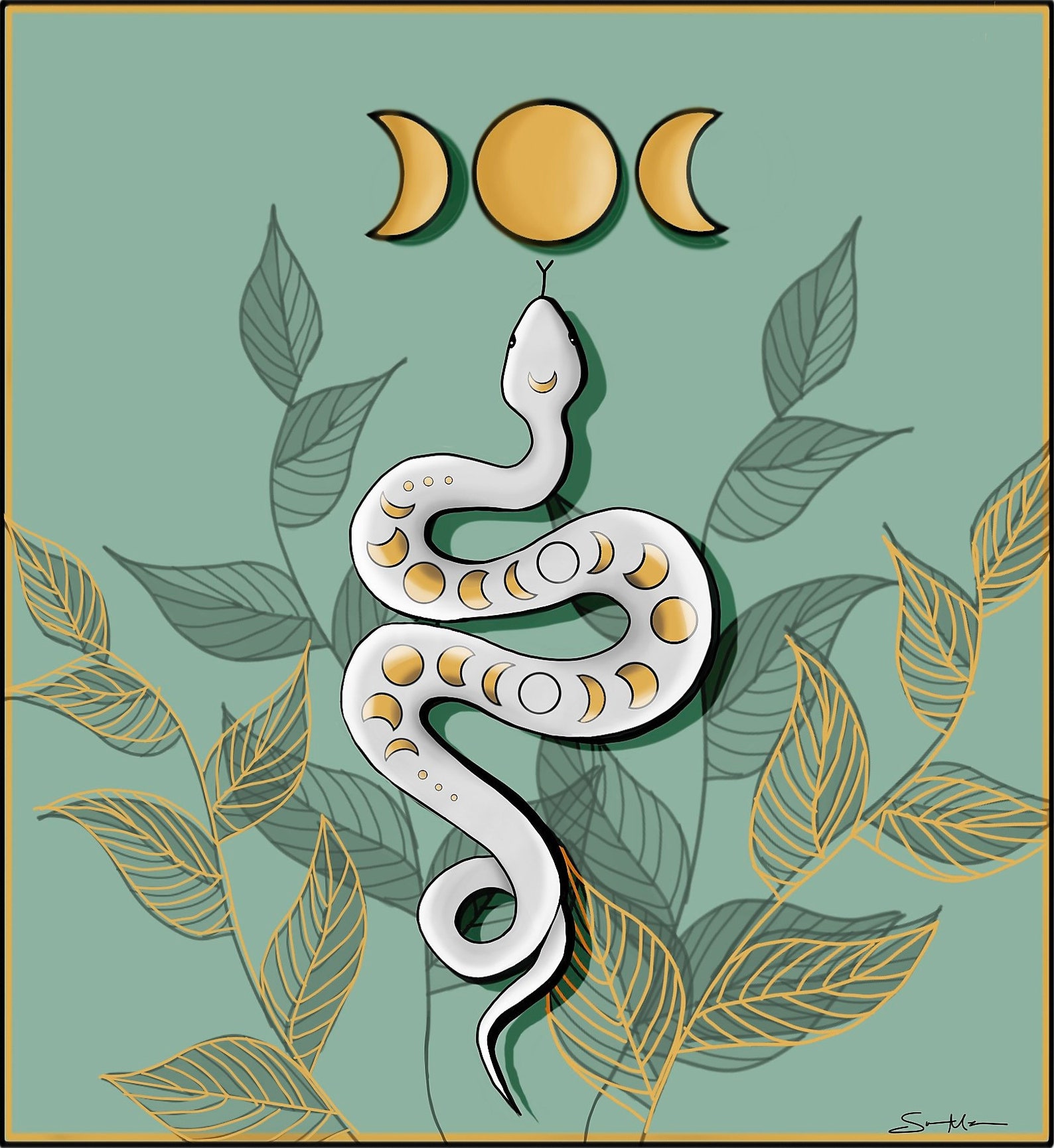 Triple Moon Snake Moon Phases Digital Drawing Art Print Etsy