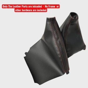 May include: Two black leather gear shift boots with red stitching. The leather has a textured pattern. The text at the top of the image reads: "Only The Leather Parts are included - No Frame or other hardware are included."