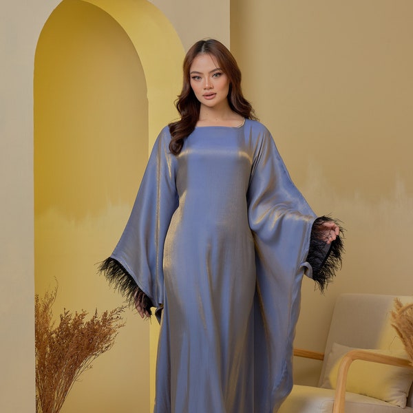 Abaya with feather on sleeve with hidden belted inside, Dubai Abaya Kaftan Eid Ramadan Hijab Muslim Eid Dubai Abaya Womens Abaya