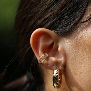 Set Of 2 Solid Gold Ear Cuff, Diamond Wedding Ear Cuff, Unique And Dainty Earrings, Huggie Hoop Earrings, Crystal Ear Cuff Set image 1
