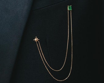 0.70 Carat Emerald Collar Pin With North Star, Luxury Groomsmen Jewelry, Diamond Collar Brooch, Green Jacket Pin, Collar Chain