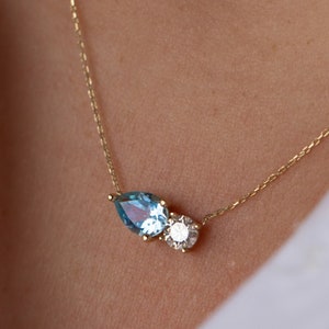 Aquamarine Pear Cut Solid Gold Necklace: Moissanite Crystal Accent
