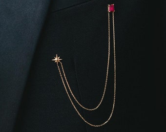 Broche de corrente com colarinho de rubi: broche de jaqueta North Star em ouro 18K