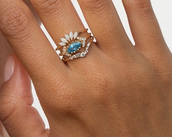 Set Of 3 Diamond Rings, Bundle Wedding Ring, 14K Solid Gold Aquamarine Ring Set, Unique Wedding Ring, Diamond Engagement Rings