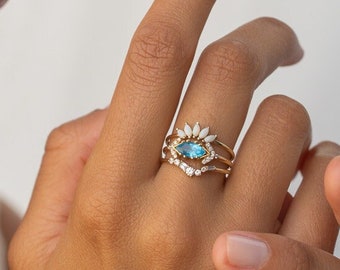 14k Aquamarine Diamond Ring, Blue Aquamarine Promise Ring, Dainty Bridal Ring, Special Anniversary Ring,Cluster Ring, Engagement Ring
