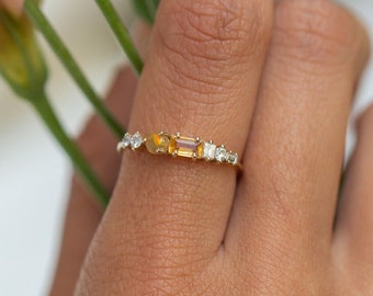 14k Solid Gold Citrine Engagement Ring, Dainty Baguette Ring, Minimalist Promise Ring, Diamond Cluster Ring, Anniversary Ring