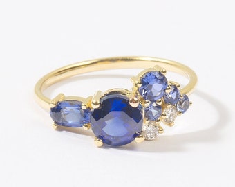 2.07 Carat Blue Sapphire Diamond Ring, 14k Solid Gold Sapphire Engagement Ring, Minimalist And Dainty Diamond Delicate Ring, Promise Ring
