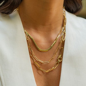 14k Women’s Gold Rectangle Paperclip Necklace, Link Chain Necklace, Women’s Solid Gold Graduated Chain, Dainty Everyday Jewelry