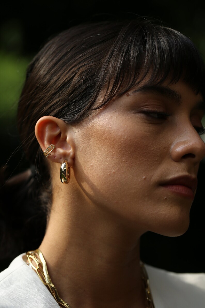 Set Of 2 Solid Gold Ear Cuff, Diamond Wedding Ear Cuff, Unique And Dainty Earrings, Huggie Hoop Earrings, Crystal Ear Cuff Set image 1