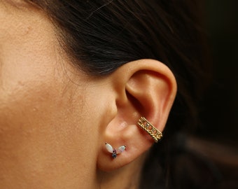 Set Of 2 14K Solid Gold Earrings Set, Blue Sapphire Earrings, Crystal Ear Cuff, Opal Earring, Bundle Beaded Ear Cuffs, Stud Earring