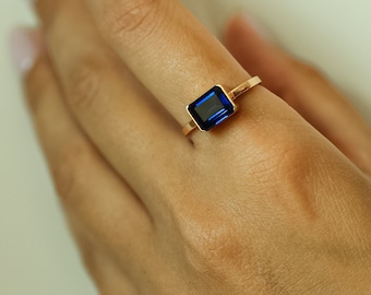 Rectangle Blue Sapphire Engagement Ring, Sapphire Diamond Promise Ring, 14k Solid Gold Wedding Ring, Sapphire Cluster Ring, Solitaire Ring