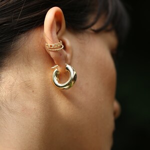 Set Of 2 Solid Gold Ear Cuff, Diamond Wedding Ear Cuff, Unique And Dainty Earrings, Huggie Hoop Earrings, Crystal Ear Cuff Set image 2