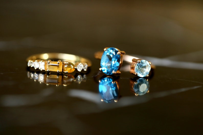 Set Of 2 14K Solid Gold Ring Set, Diamond Wedding Ring Set, Elegant And Simple Rings, Gold Promise Ring, Blue Topaz And Citrine Ring image 2