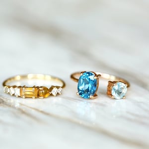 Set Of 2 14K Solid Gold Ring Set, Diamond Wedding Ring Set, Elegant And Simple Rings, Gold Promise Ring, Blue Topaz And Citrine Ring image 1