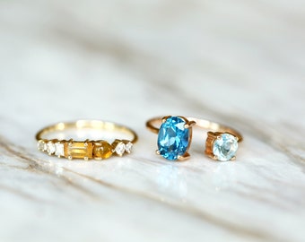 Set Of 2 14K Solid Gold Ring Set, Diamond Wedding Ring Set, Elegant And Simple Rings, Gold Promise Ring, Blue Topaz And Citrine Ring