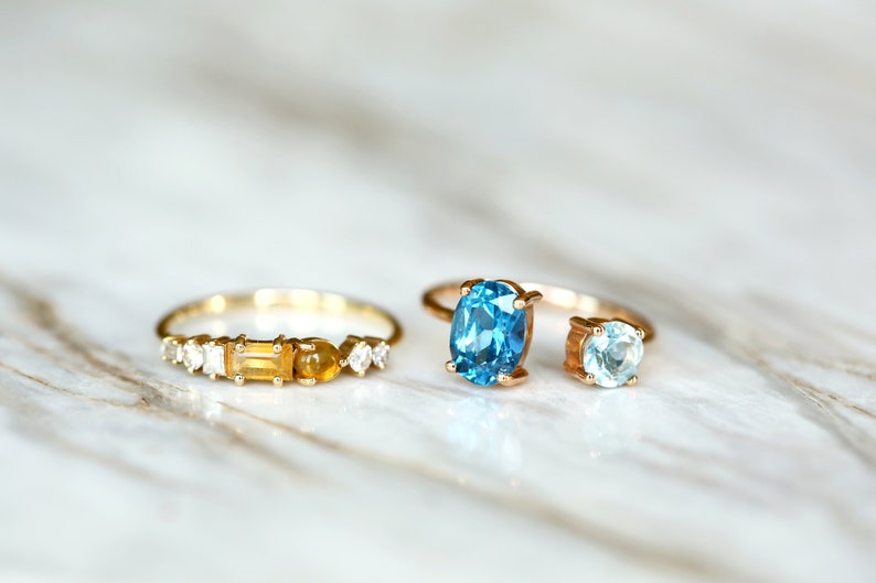 Set Of 2 14K Solid Gold Ring Set, Diamond Wedding Ring Set, Elegant And Simple Rings, Gold Promise Ring, Blue Topaz And Citrine Ring image 1