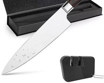 Super Sharp Chef Kitchen Knife Wood Handle With Sharpener High Carbon Stainless Steel 8 Inch
