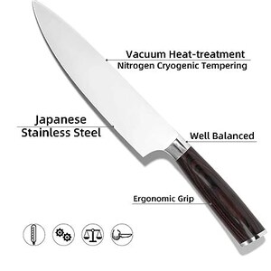 May include: A Japanese stainless steel chef's knife with a black wood handle. The knife features a vacuum heat-treatment with nitrogen cryogenic tempering, a well-balanced design, and an ergonomic grip.