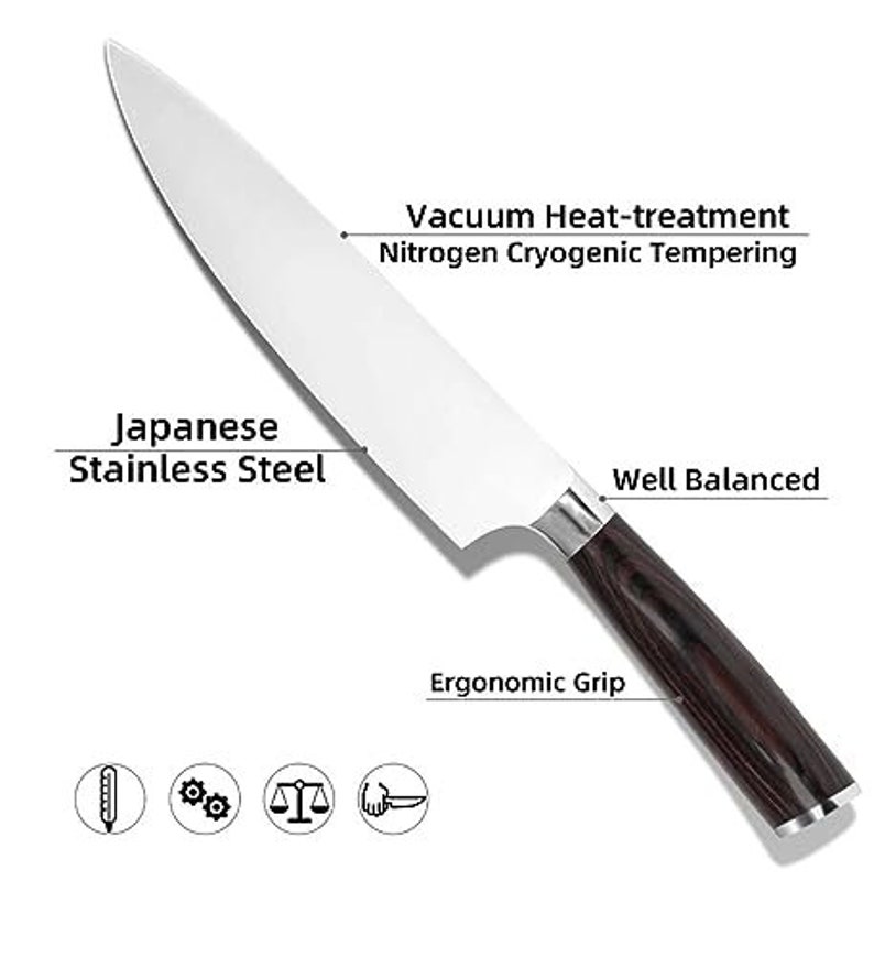 May include: A Japanese stainless steel chef's knife with a black wood handle. The knife features a vacuum heat-treatment with nitrogen cryogenic tempering, a well-balanced design, and an ergonomic grip.