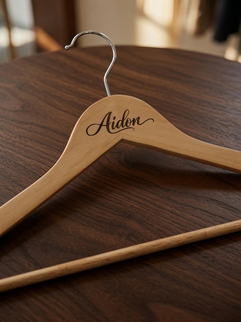 May include: A light-colored wooden clothes hanger featuring a silver metal hook at the top. The wood surface is engraved with the name Aidon in a dark, elegant, cursive script font, positioned centrally on the upper part of the hanger frame.