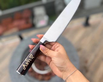 Personalized Chef Knife - Sharpener Included , High Carbon Knife with Wood Handle & Sharpener , Men’s Gift