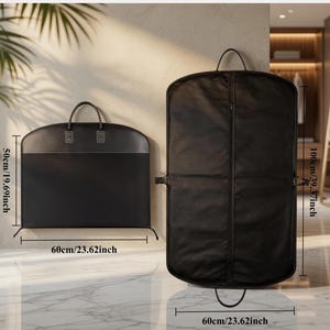 May include: Two black garment bags with handles and zippers. The smaller bag measures 23.62 inches wide by 19.69 inches high. The larger bag measures 23.62 inches wide by 39.37 inches high. Both bags feature a rectangular shape.