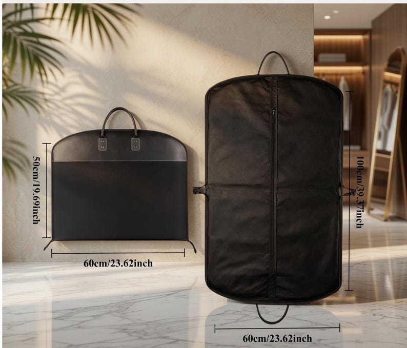 May include: Two black garment bags with handles and zippers. The smaller bag measures 23.62 inches wide by 19.69 inches high. The larger bag measures 23.62 inches wide by 39.37 inches high. Both bags feature a rectangular shape.