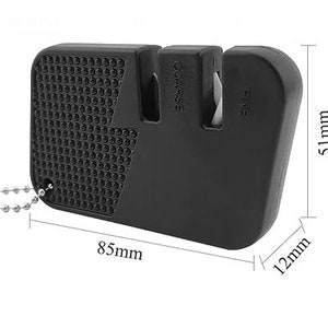 May include: Black knife sharpener with a chain for carrying. It has two sharpening slots labeled "Coarse" and "Fine". The sharpener measures 8.5 inches long, 5.1 inches tall, and 1.2 inches wide.