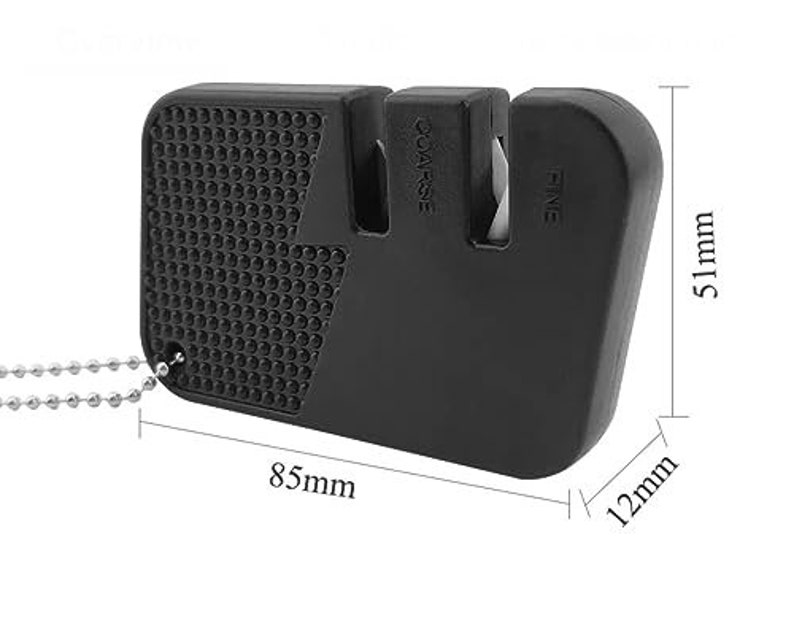 May include: Black knife sharpener with a chain for carrying. It has two sharpening slots labeled "Coarse" and "Fine". The sharpener measures 8.5 inches long, 5.1 inches tall, and 1.2 inches wide.
