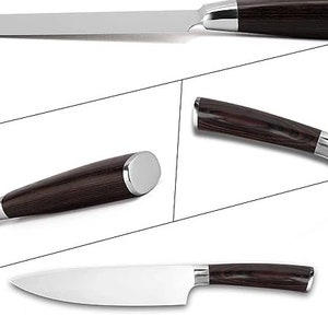 May include: A set of three kitchen knives with black wooden handles and silver blades. The knives are shown in different angles.