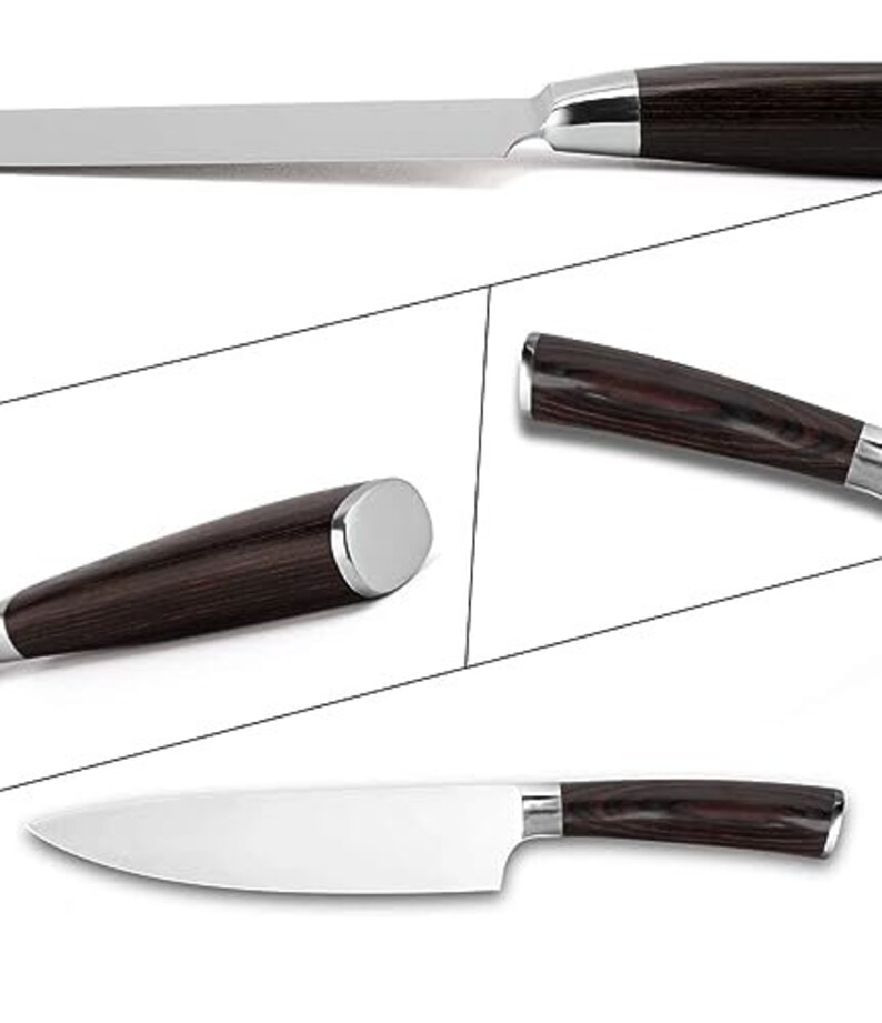 May include: A set of three kitchen knives with black wooden handles and silver blades. The knives are shown in different angles.