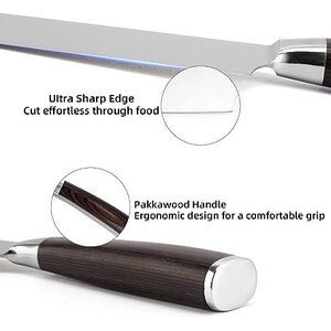 May include: A close-up of a kitchen knife with a Pakkawood handle. The knife has a sharp, thin blade and a comfortable grip. The text "Ultra Sharp Edge Cut effortless through food" and "Pakkawood Handle Ergonomic design for a comfortable grip" is visible in the image.