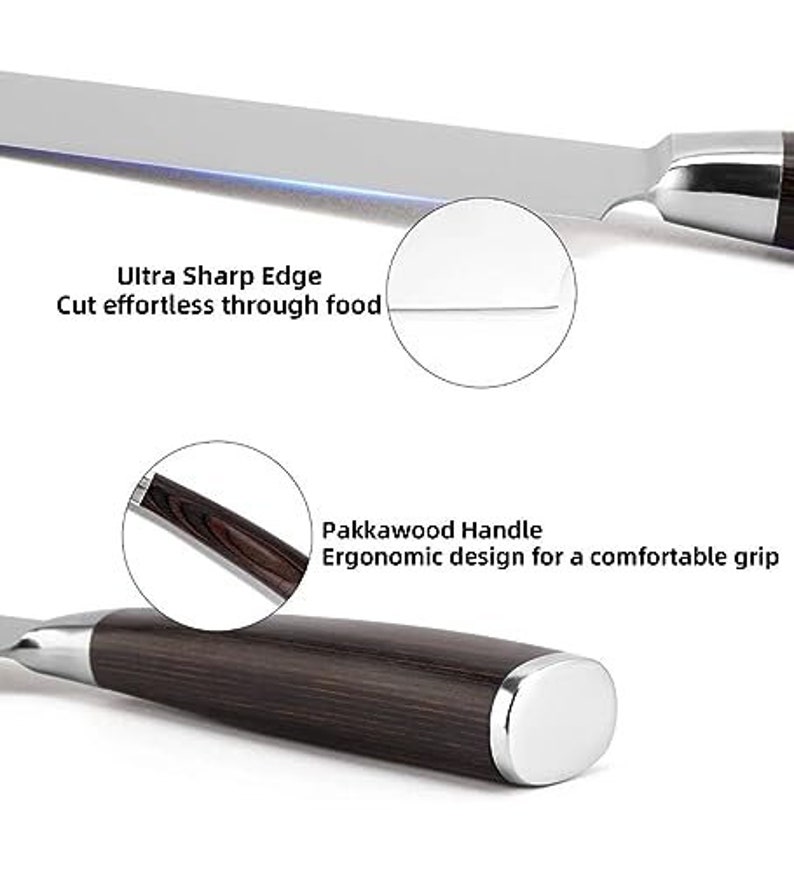 May include: A close-up of a kitchen knife with a Pakkawood handle. The knife has a sharp, thin blade and a comfortable grip. The text "Ultra Sharp Edge Cut effortless through food" and "Pakkawood Handle Ergonomic design for a comfortable grip" is visible in the image.