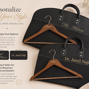 May include: Two black garment bags with handles and two wooden hangers, each personalized with gold text. The bags feature the names Mr. Adorno and Dr. Jamil Naji. The hangers are engraved with the names Angel and NAJI. Text includes Personalize in Your Style, Multiple Font Options, and Contact Seller.